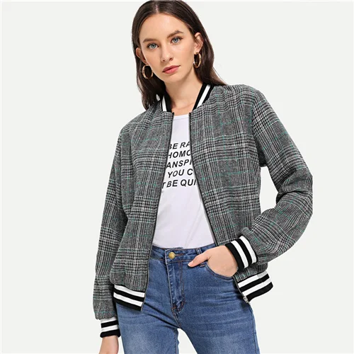 Многоцветный Dotfashion Университетская полосатая клетчатая куртка-бомбер для женщин, Повседневная Осенняя уличная одежда, пальто со стоячим воротником, женская верхняя одежда - Цвет: Многоцветный