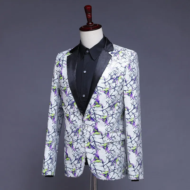 Mens White Sequin Blazer Purple Embellished Hombre Homme Glitter Jacket Men Floral Suit | Мужская одежда