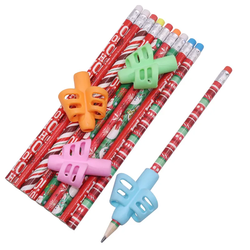 Stationery set Christmas pencil 10 pcs plus 4 pcs pen grip Four-color mixing writing tool School supplies Device to hold pen