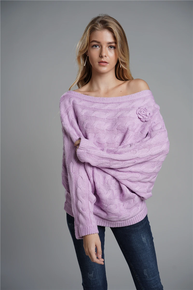 Loose Type Off the Shoulder Sweater for Women Batwing Sleeve Soft Mohair Floral Knit Pullover OL Jumpers Lavender Casual Wear | Женская