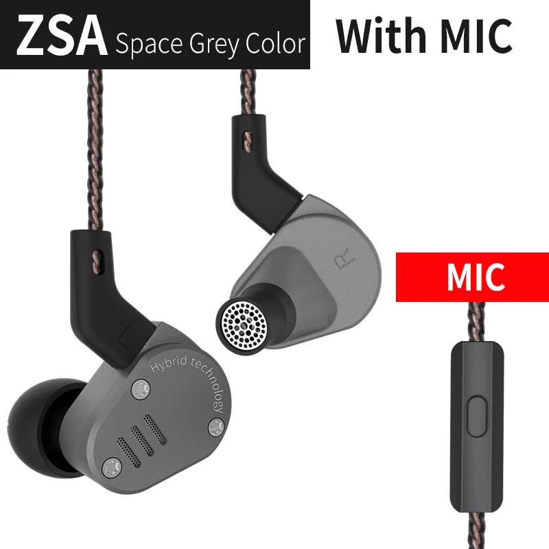 grey with mic KZ ZSA металлические наушники 1BA с 1DD Гибридный в ухо наушники HIFI DJ Monito кроссовки спортивные наушники гарнитура вкладыши KZ ZS10 KZ ES4 - Цвет: grey with mic