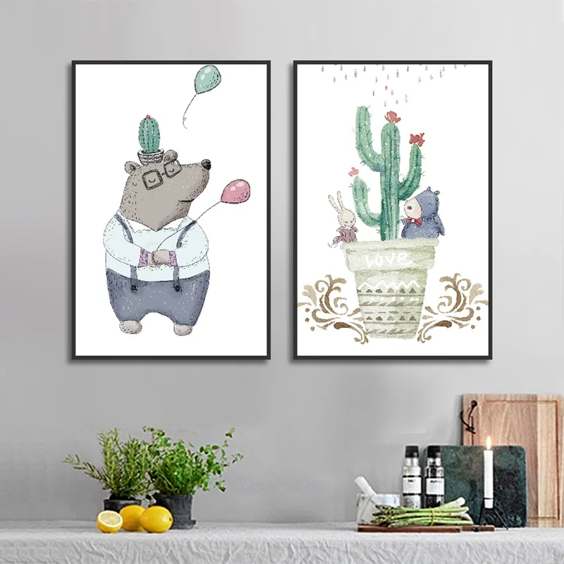 Плакаты и принты в скандинавском стиле акварельные Мультяшные милые животные