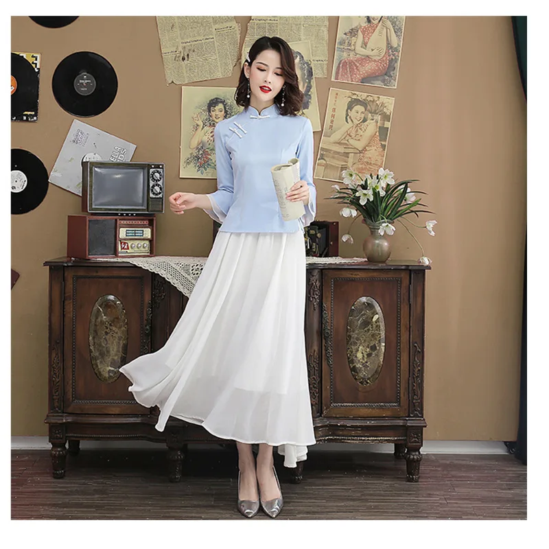 Новая улучшенная версия платья Чонсам китайский Hanfu Женский костюм Чонсам с рюшами на рукавах платье Чонсам комплект из двух предметов Размер S-3XL