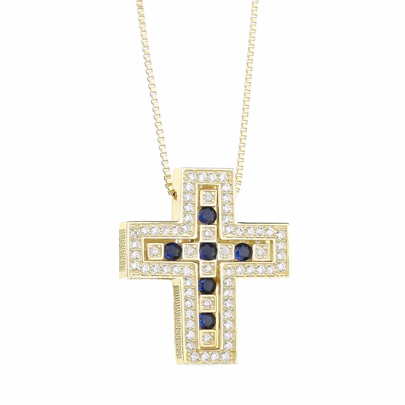 Blue Stone 24K Gold Moonmory подлинное 925 пробы Серебряное Европейское женское роскошное циркониевое двойное ожерелье с крестом для японских мужчин - Окраска металла: Blue Stone 24K Gold