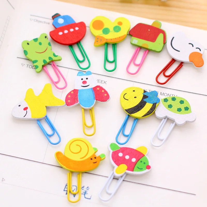 

10pcs Lot Fashion Cute Cartoon Painted Metal Bookmark Planner Paper Wood Clips For Book School Office Supply Student Stationery