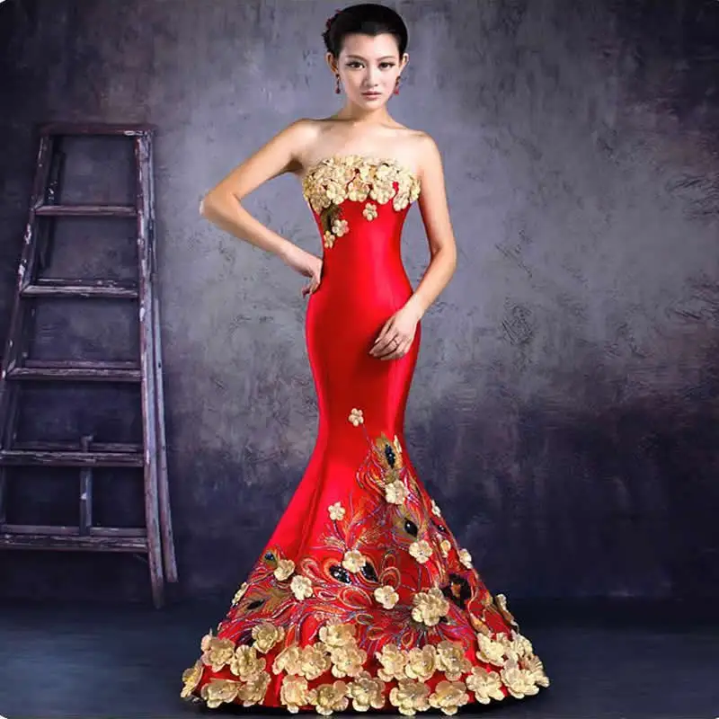 Floor Красное традиционное китайское свадебное платье в стиле русалки Cheongsam, женское платье, элегантное вечернее платье в виде рыбьего хвоста, цветочное сексуальное платье без бретелек - Цвет: Floor