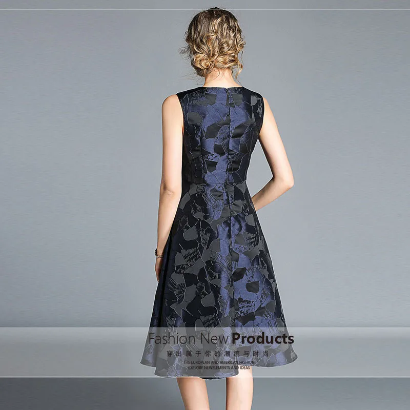 

Bonnie Thea women Autumn Print Jacquard Sleeveless dress 2018 O-Neck Knee-Length Ball Gown Tank dress evening party dress 3XL