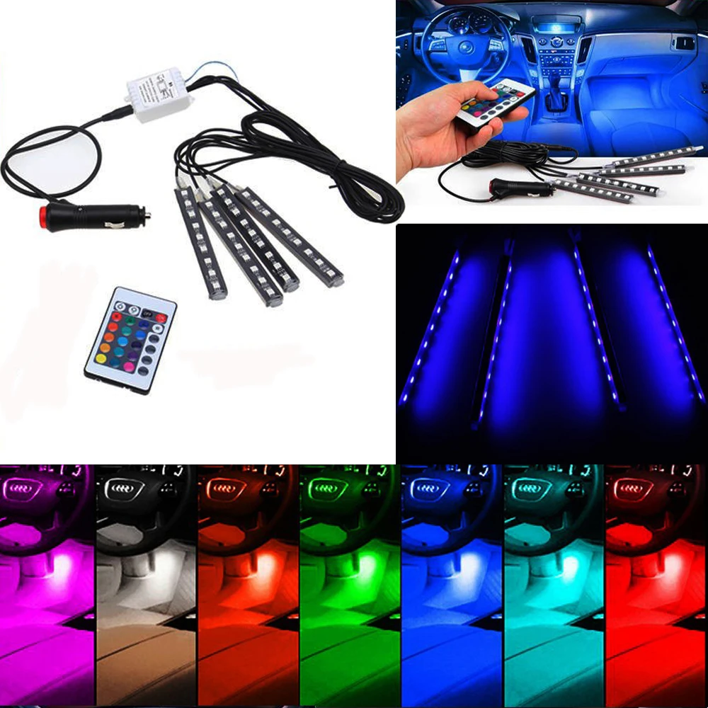 

4x 9LED Wireless Remote/Music/Voice Control Interior Floor Foot Decoration Light Cigarette LED Atmosphere RGB Neon Lamp Strip