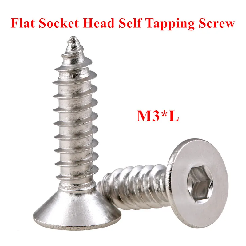 100pcs DIN7991 M3 Stainless steel 304 Hex socket flat head self tapping screw M3*6/8/10/12/16/20mm countersunk head screws