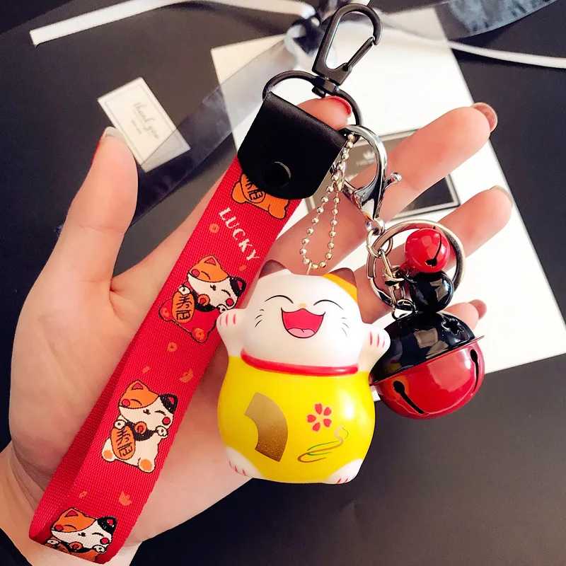 Cartoon Cute Animal Smile Face Lucky Cat Keychain Braid Belt Bells Key Ring Women Car Bag Charm Key Chains Pendant Trinkets Gift