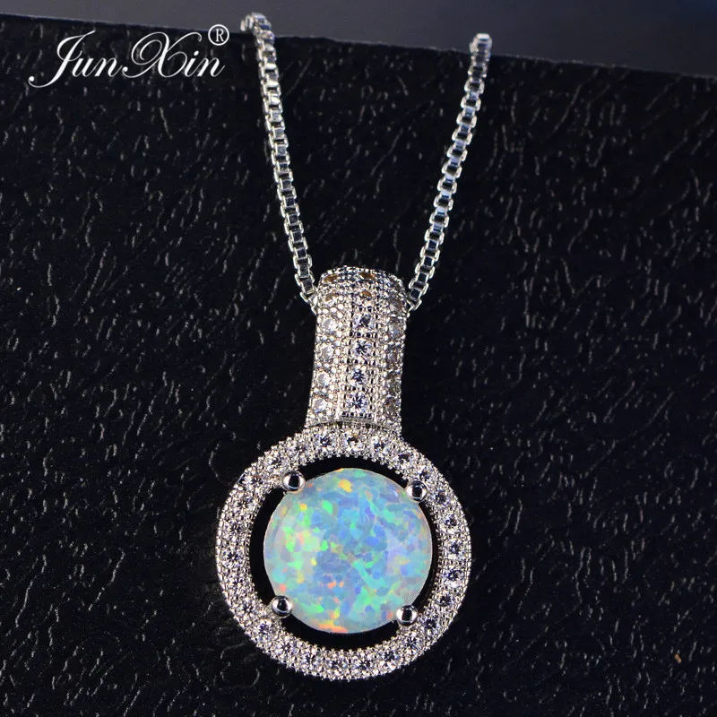 JUNXIN Female White/Green/Pink/Blue Fire Opal Necklace White Gold Filled Jewelry Simple Round Necklaces &amp Pendants For Women | Украшения