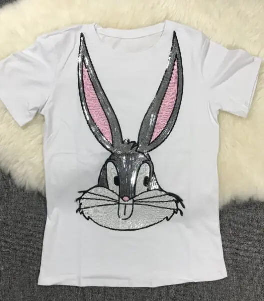 White Tshirt Amolapha, женские повседневные футболки с блестками, штаны, костюмы, мультяшный принт, Женская свободная футболка, укороченные джинсовые брюки, наборы - Цвет: White Tshirt