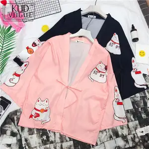Japanese Kimonos Yukata Kawaii Cat Print Cardigan Harajuku Loose Kimono Pink Blouses Feminino Outerwear Shirts Women Coats 2019