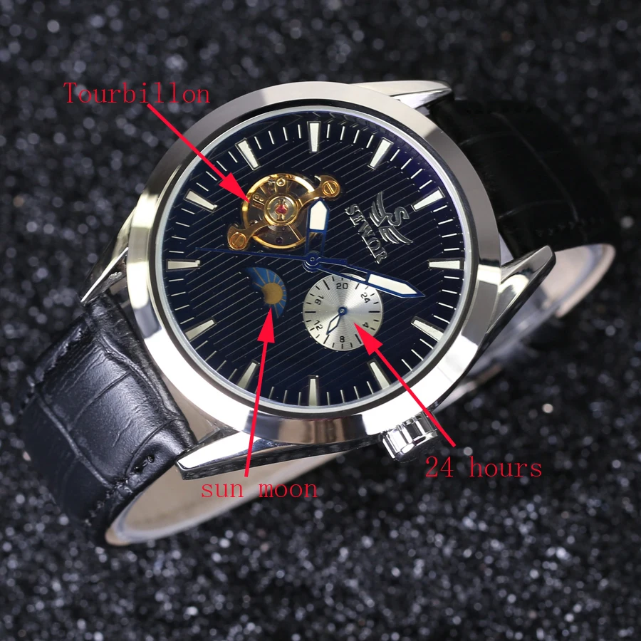 Лучшие Брендовые Часы Мужские автоматические часы tourbillon Moon Phase 24 часа/60 мин sub-dial кожаный ремешок Механические наручные часы