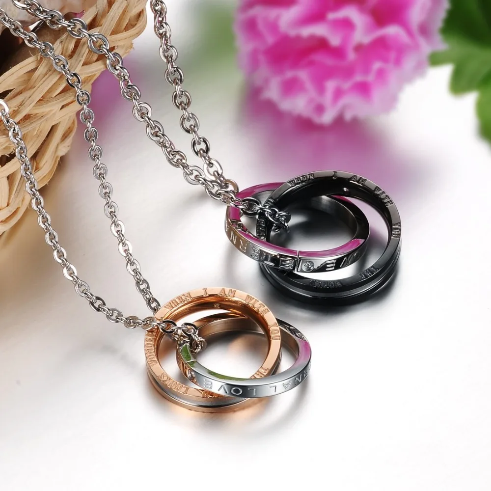 Couples Jewelry Necklaces Black Rose Gold colour Couple Necklace Titanium Steel Double rings Pendants KGX831 | Украшения и