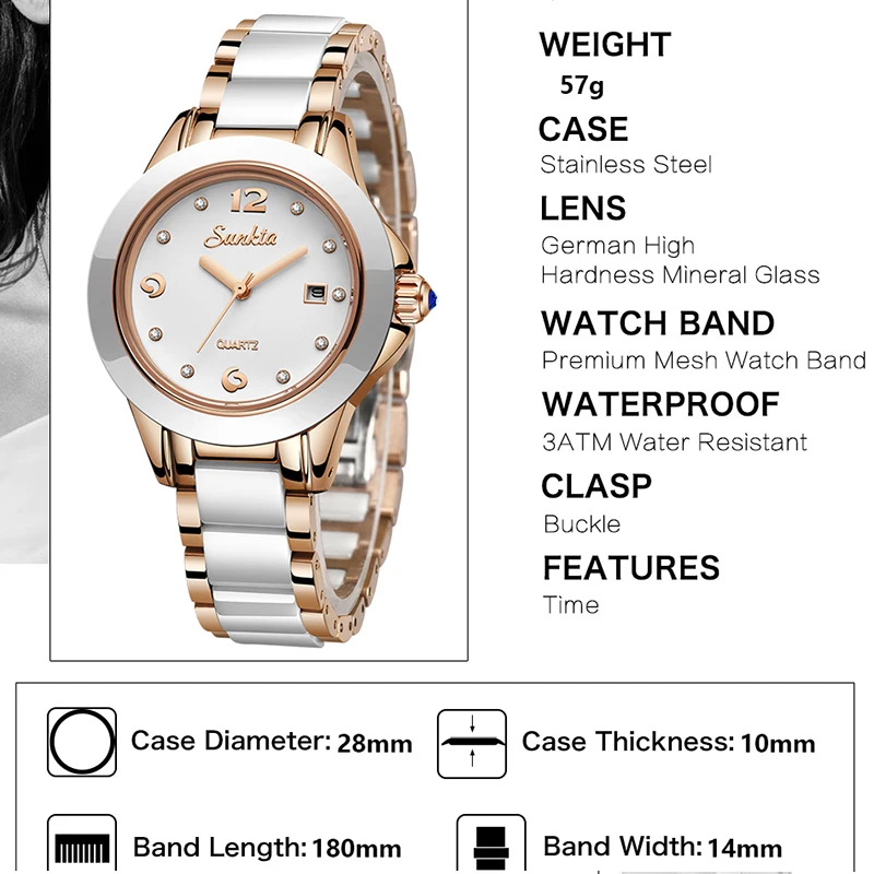 Женские кварцевые часы SUNKTA Роскошные наручные из нержавеющей стали цвета