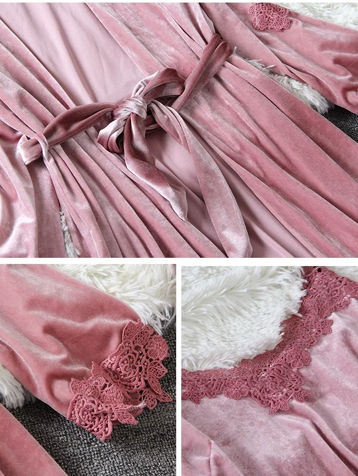 Осенне зимний теплый пижамный комплект Женская пикантная кружевная Пижама