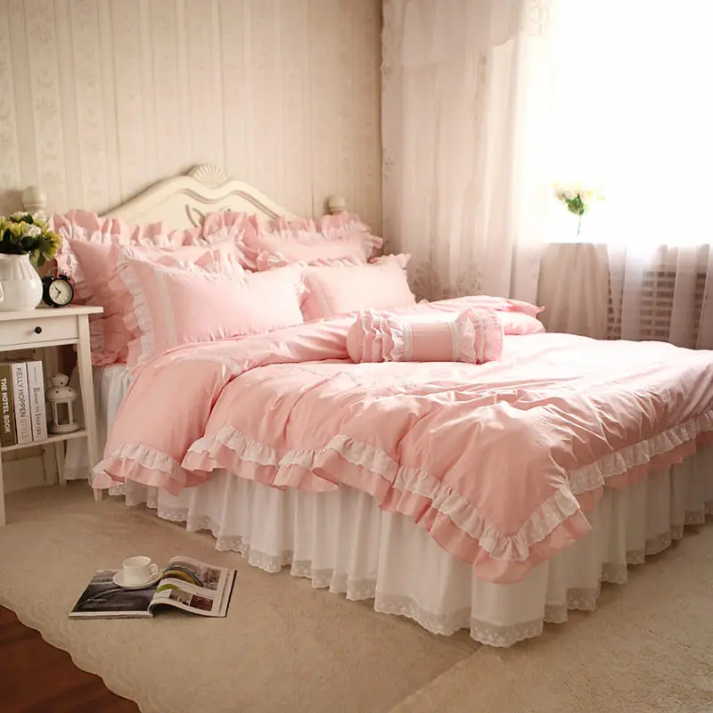 

New European style bedding set sweet lace ruffle duvet cover wrinkle bed sheet bedroom decoration bedding princess bedding sets