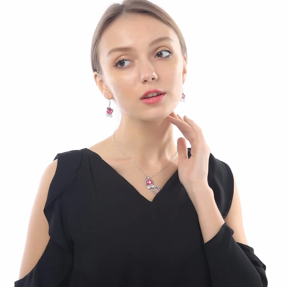 

2019 Fashion Austria Crystal Cat Necklace Earrings Jewelry Set Catty Cute Pet Series Girl Drop Earring Set For Party Gift