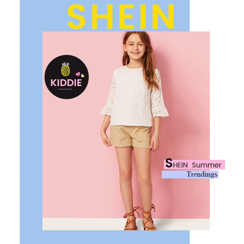 SHEIN Kiddie Ginger/однотонная кружевная блузка с рюшами и проймой для подростков г., летняя детская блузка с рукавами-бабочками на пуговицах, рубашка