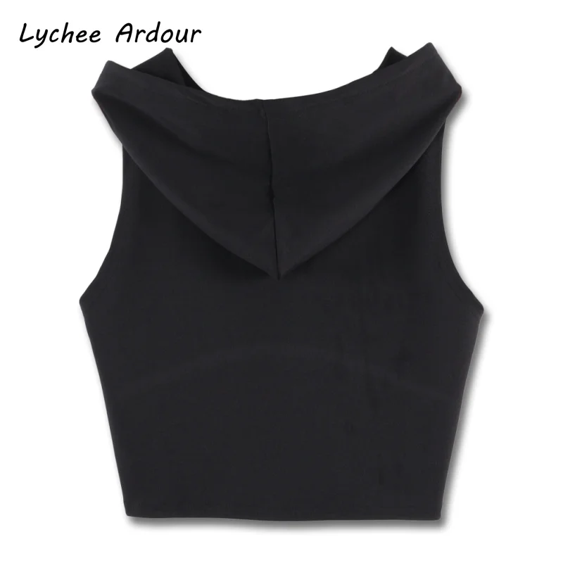 Lychee Ardour Gymnastics Print Hooded Tank Top Spring Summer Casual Streetwear Fashion Sleeveless Short Hem Tops | Женская одежда