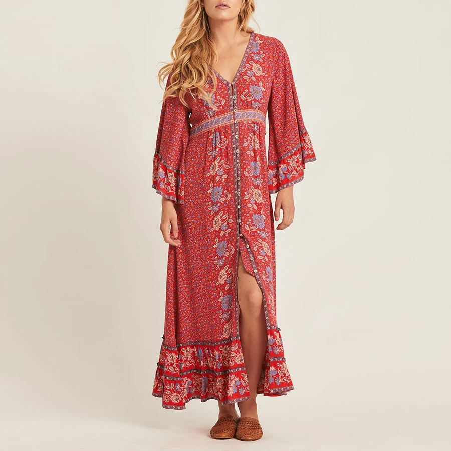 TEELYNN Gypsy Макси женские платья цвета хаки из вискозы с цветочным принтом летние платья сексуальное с v-образным вырезом с регулируемым поясом бохо платье vestidos
