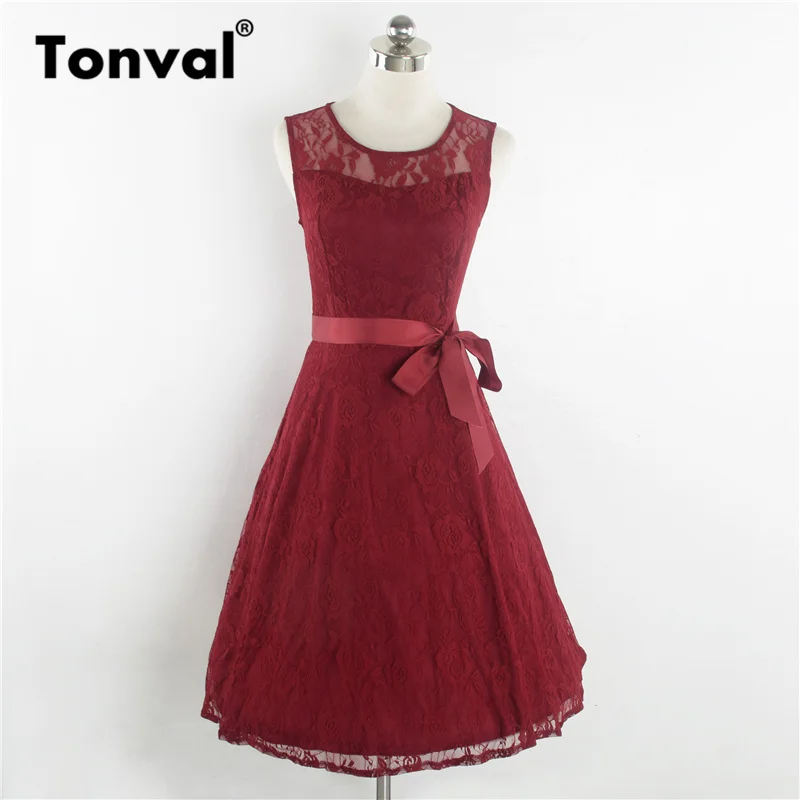 Tonval, винтажное белое летнее платье, элегантное, кружевное, Ретро стиль, для женщин, без рукавов, повседневные платья, с поясом, трапециевидные, вечерние, платье-халат