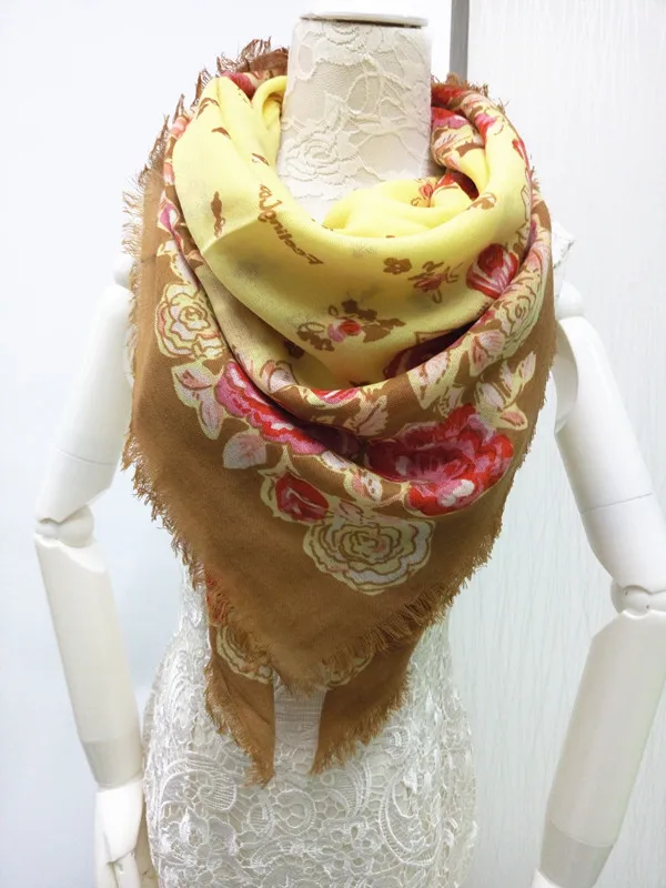 Новинка 2015 женский модный квадратный шарф из 100% шерсти желтый с цветами размер: