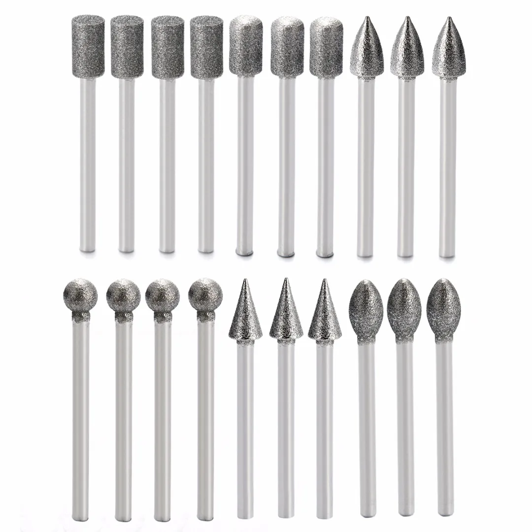 

20Pcs/Set Diamond Drills 3mm Shank Diamond Grinding Heads Mini Drill Burrs Bit Set For Carve Polished Glass Jade Mayitr