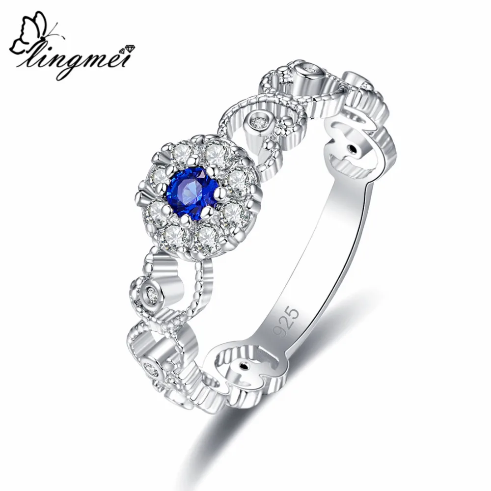 Lingmei Pretty, модное женское кольцо, простой стиль, круглая огранка, Красный& Синий& Белый циркон, серебро 925 пробы, ювелирное изделие, кольцо 925, размер 6, 7, 8, 9, подарки