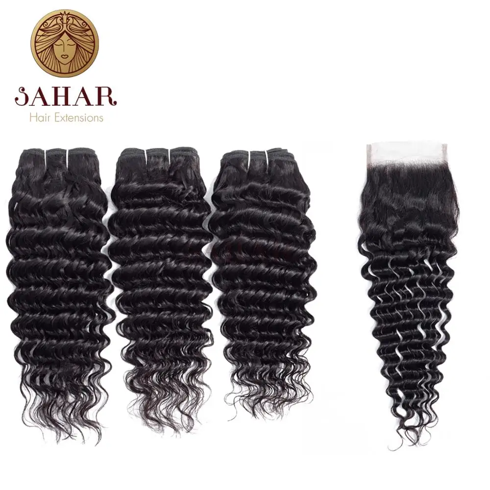 Сахар бразильские волнистые волосы пучки волос с закрытием 3/4 Связки