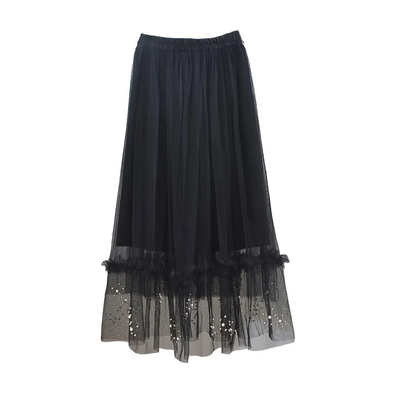 

2019 Spring summer New women beading Pearl Mesh Half-length pleated Skirt Elastic High Waist Slim Fairy Skirts