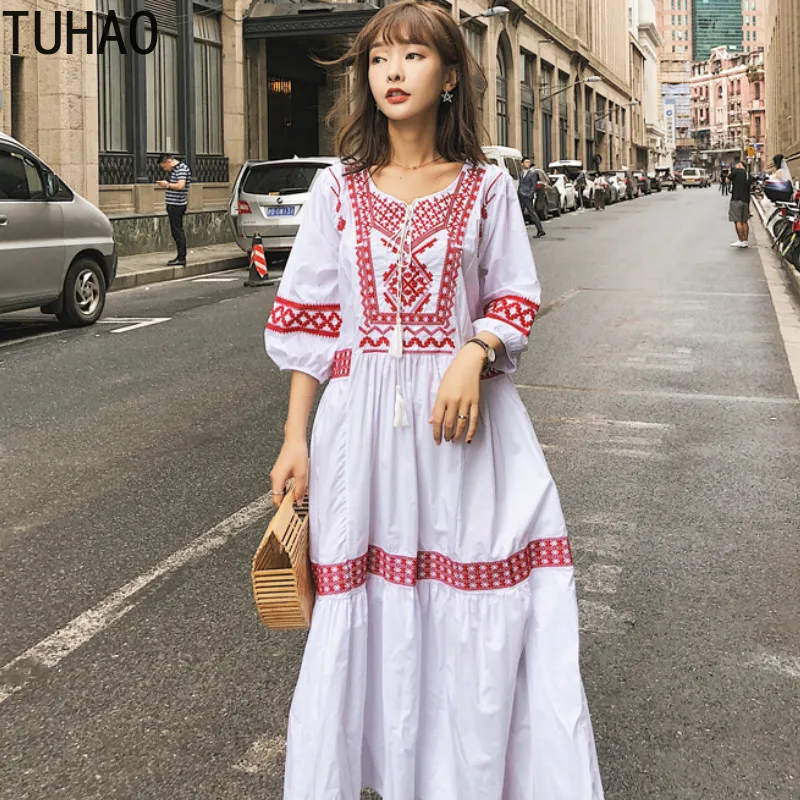 Платье TUHAO женское длинное в богемном стиле свободное Макси с пышными рукавами