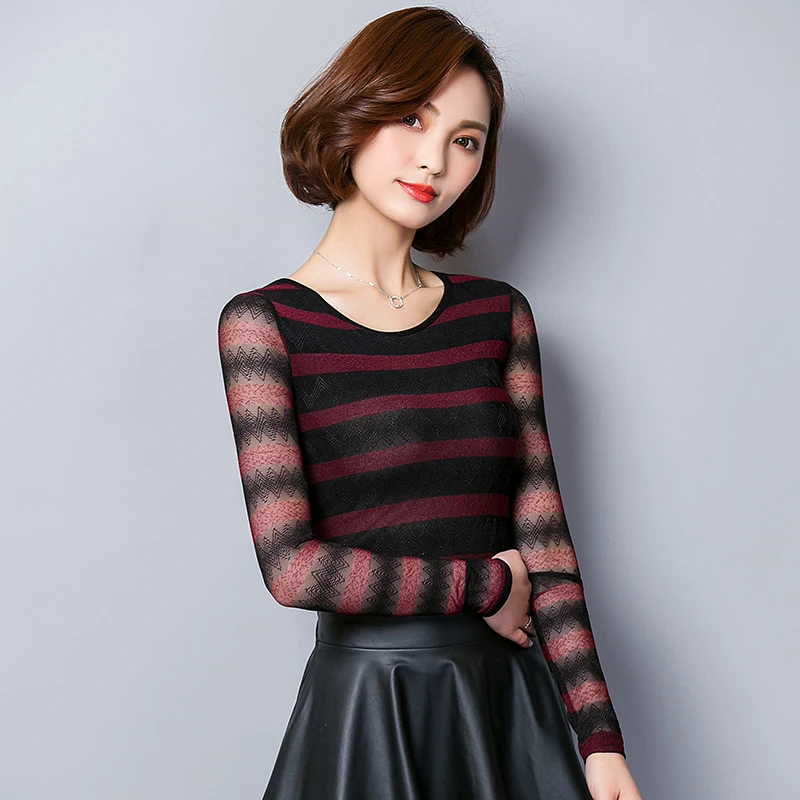 

2021 new spring and autumn lace hollow out gauze stripe long sleeve shirt women slim top shirt Six color keep warm shirt605E30