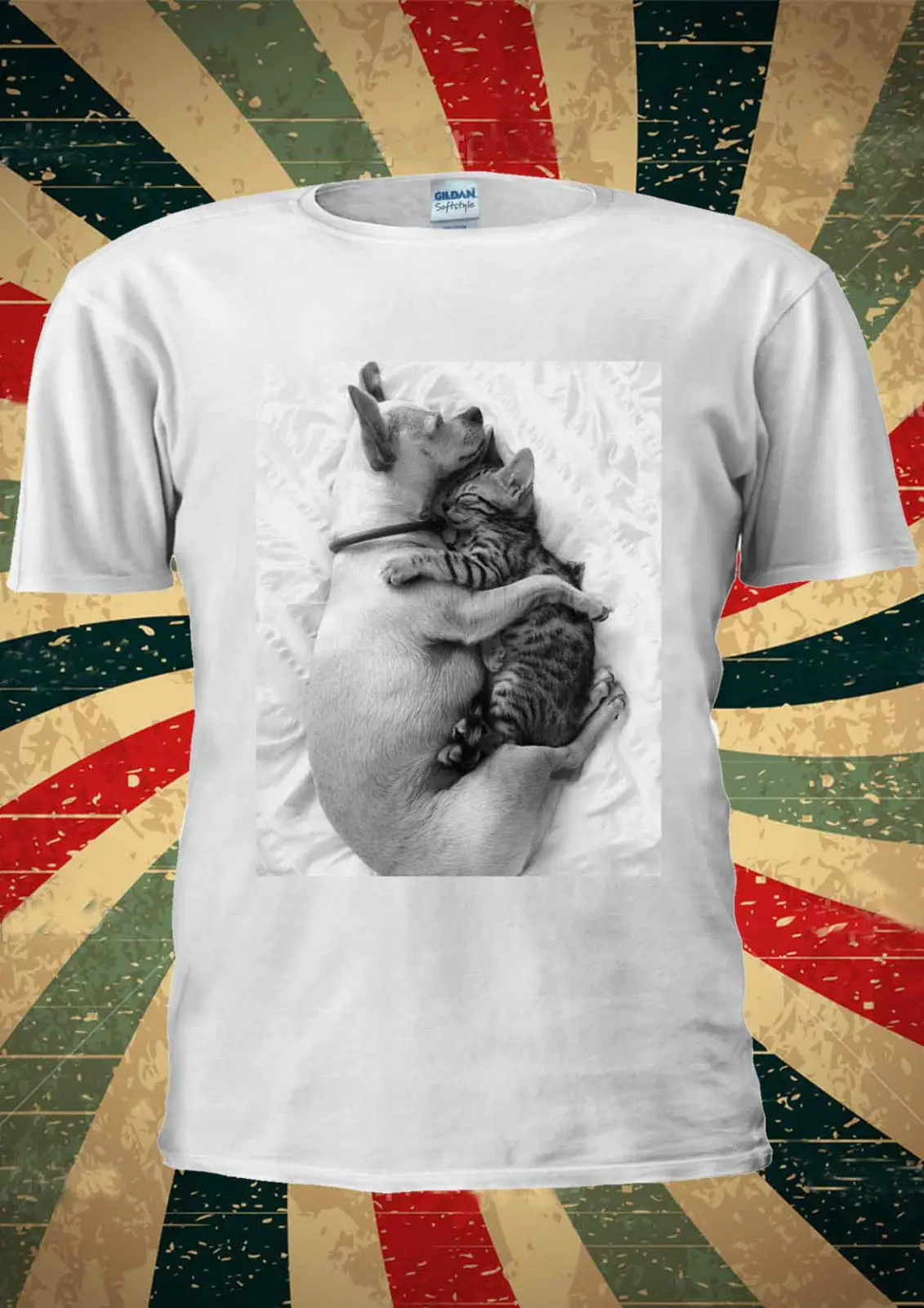 Забавный кот и собака обнимает милый любовь Tumblr модная футболка для мужчин