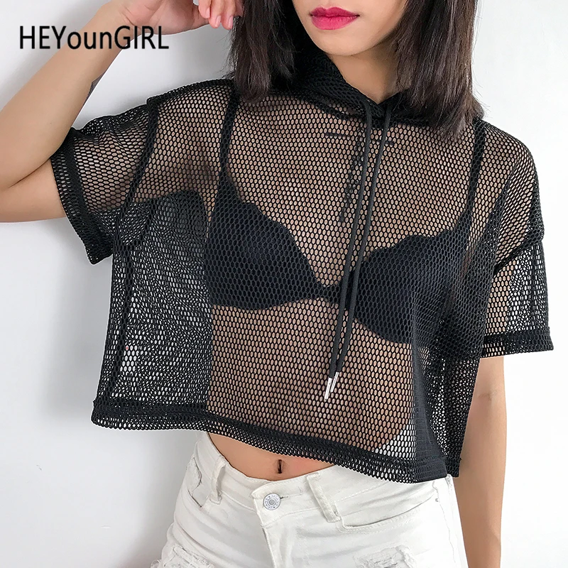 Летний сексуальный сетчатый топ HEYounGIRL женская черная футболка с дырками и