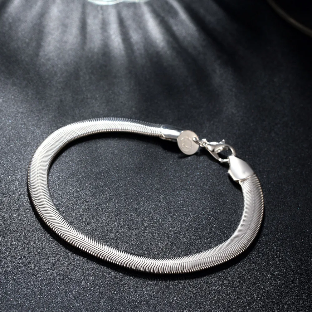 925 silver jewelry Bracelet Bangle 6mm wide smooth soft flat snake chains bracelets for women fashion wholesale Gift | Украшения и