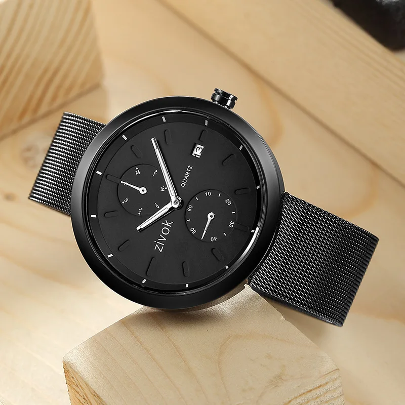 2019 New Sunday Calendar Steel Mesh Watch with Quartz Men's Fashion Casual Plastic Glass Round PU 8030G |