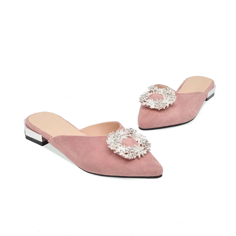 WETKISS/флоковые тапочки на низком каблуке; женская обувь с острым носком; шлепанцы с пряжкой и кристаллами; женские шлепанцы; женская обувь; большие размеры 48