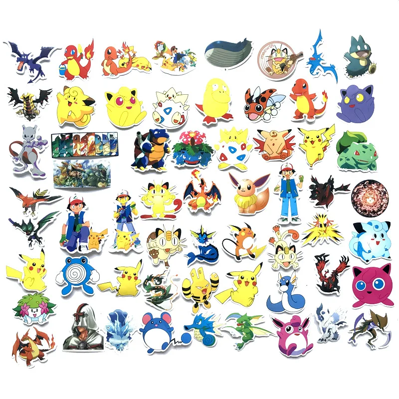 60 наклеек с героями мультфильмов, Пикачу, животными и другими персонажами. Подходят для использования на чемоданах, скейтбордах и других поверхностях. Водонепроницаемые. Отличный подарок для детей.