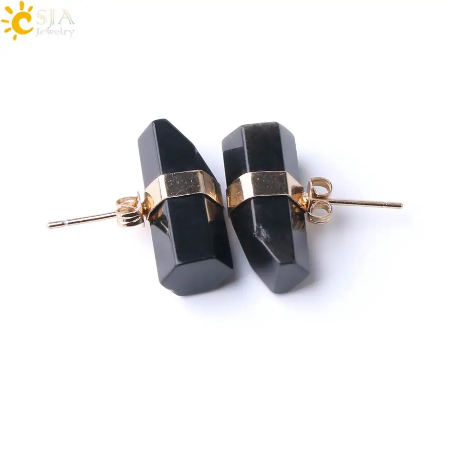 Black Agate CSJA серьги-гвоздики с натуральным камнем, Геометрическая кристаллическая колонна, розовая кварцевая Серьга для женщин, исцеляющая Мода, драгоценности для ушей, подарки G033 - Окраска металла: Black Agate