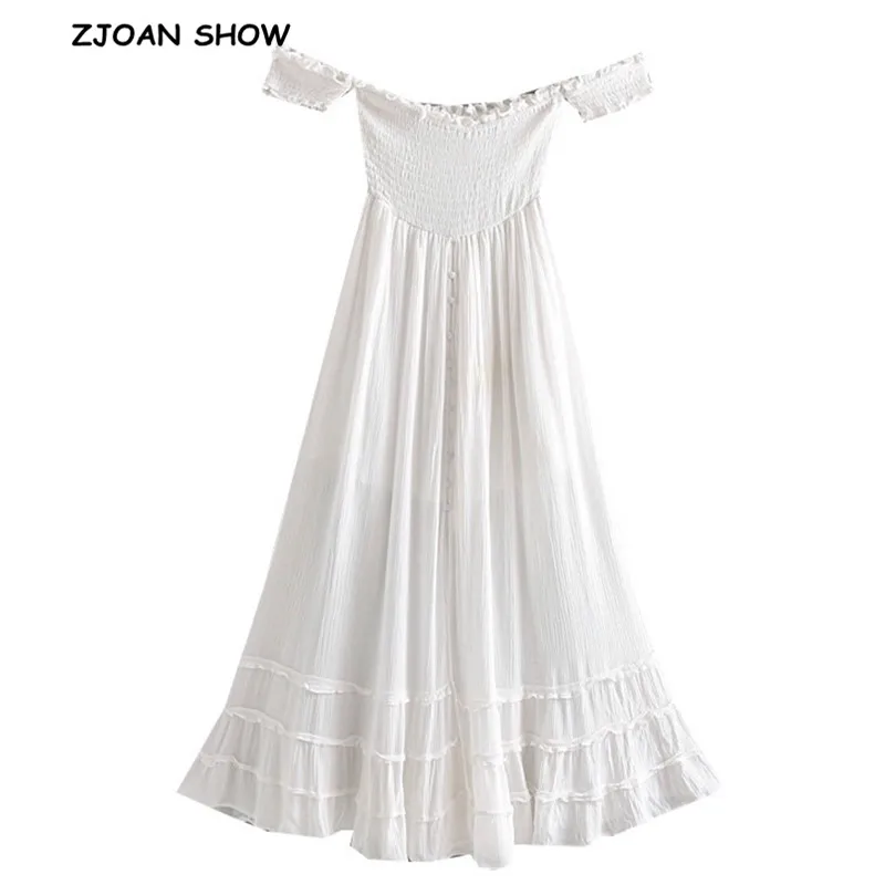 2019 новые женские богемные эластичные воротник со сборками белое платье