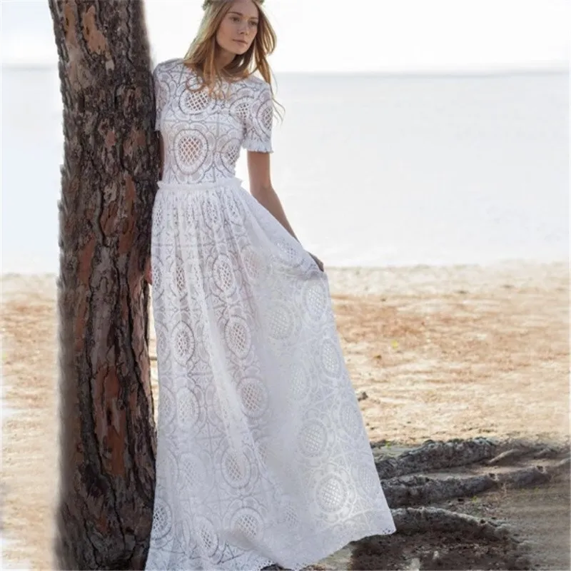 Женское богемное кружевное длинное пляжное платье 2019 летнее Новое однотонное с