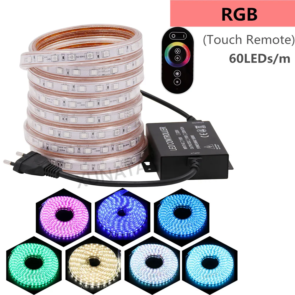 5050 RGB Светодиодная лента Водонепроницаемая 220 В ЕС Сенсорный пульт 24Key светодиодный светильник 60 Светодиодный s/m 120 светодиодный s/m двухрядная гибкая лента светодиодный светильник