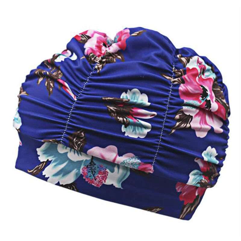 

Pleated Flower Petal Fabric Swimming Cap Swim Pool Beach Seaside Protect Long Hair Ears Bathing Caps Hats for Girls Women Adults