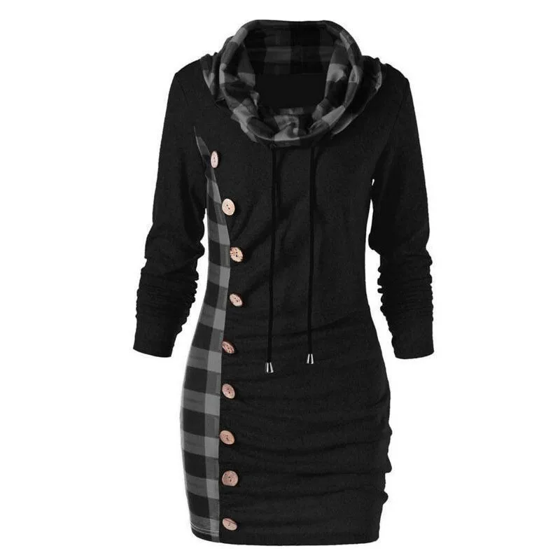 gray black Bottons, клетчатая отделка, шнурок, туника, платье-Толстовка, женское повседневное облегающее платье с воротником-хомутом и длинным рукавом, платье на зиму и осень, Vestido - Цвет: gray black