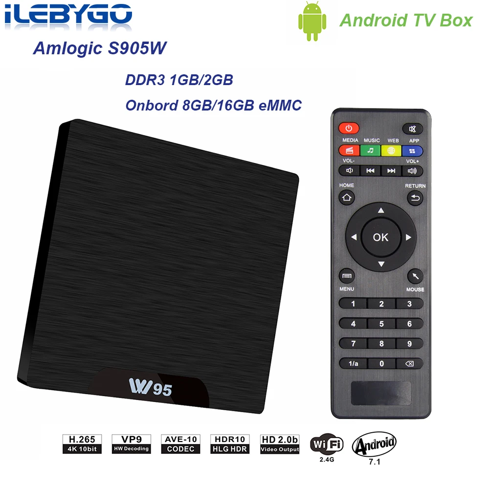 Ilebygo W95 Android 7,1 ТВ приставка Amlogic S905W четырехъядерный 2 Гб 16B телеприставка 2,4G Wifi HD2.0 3D H.265 4K медиаплеер PK X96 mini