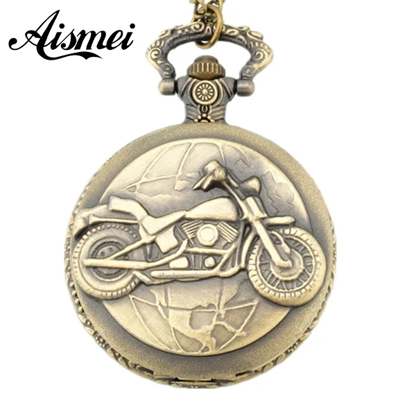 25pcs/lot Vintage Retro Bronze Motorcycle Motorbike MOTO Pocket Watch Necklace Pendant Quartz Watch Relogio De Bolso Men Gift