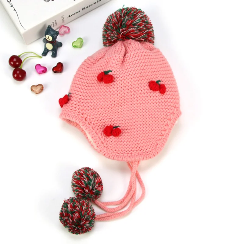 Cheery Knit Baby Hat Warm Velvet Winter For Girls Ear Protect Lace Up Beanie Pompom Cute Toddler Girl Clothing | Детская одежда и