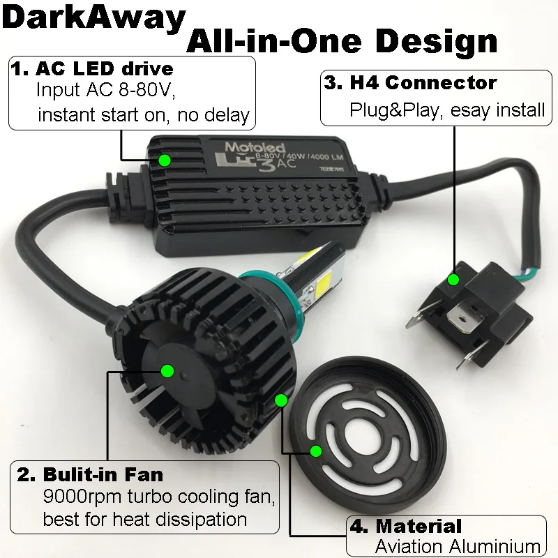 Darkaway AC мотоцикла светодиодный фар H4 40 Вт 4000Lm велосипед HS1 PH7 PH8 BA20D H6 H4 светодиодный лампы передний свет лампы 360 градусов луч белого цвета